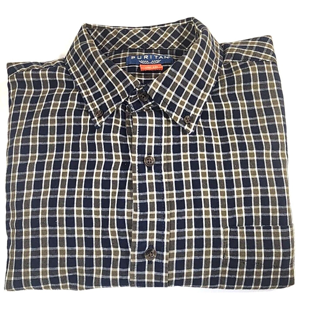 Puritan Green Plaid Long Sleeve Button Down Men's Shirt Size L (42 44)